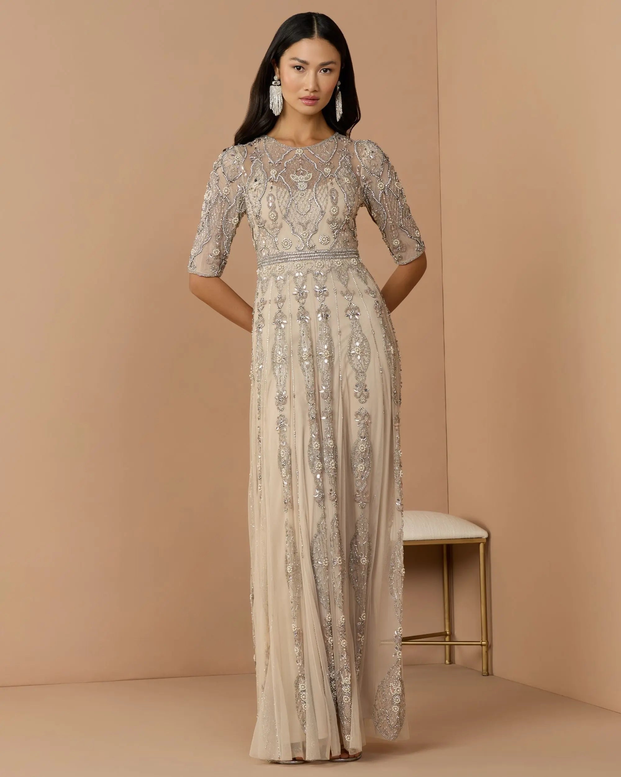 Beige 3/4 Sleeve Embellished A-line Gown